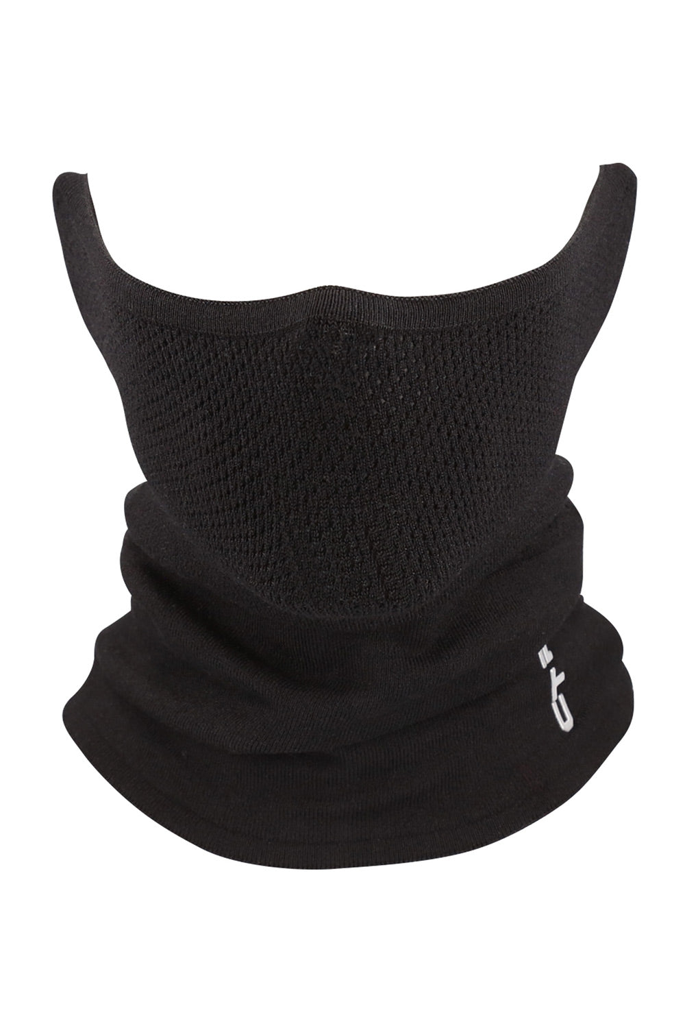 A black knit neck gaiter or balaclava mask with a breathable mesh upper section and a solid lower section, featuring a small white logo on the lower right side, shown against a plain white background.