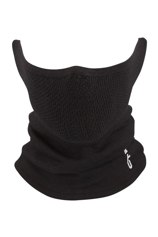 A black knit neck gaiter or balaclava mask with a breathable mesh upper section and a solid lower section, featuring a small white logo on the lower right side, shown against a plain white background.