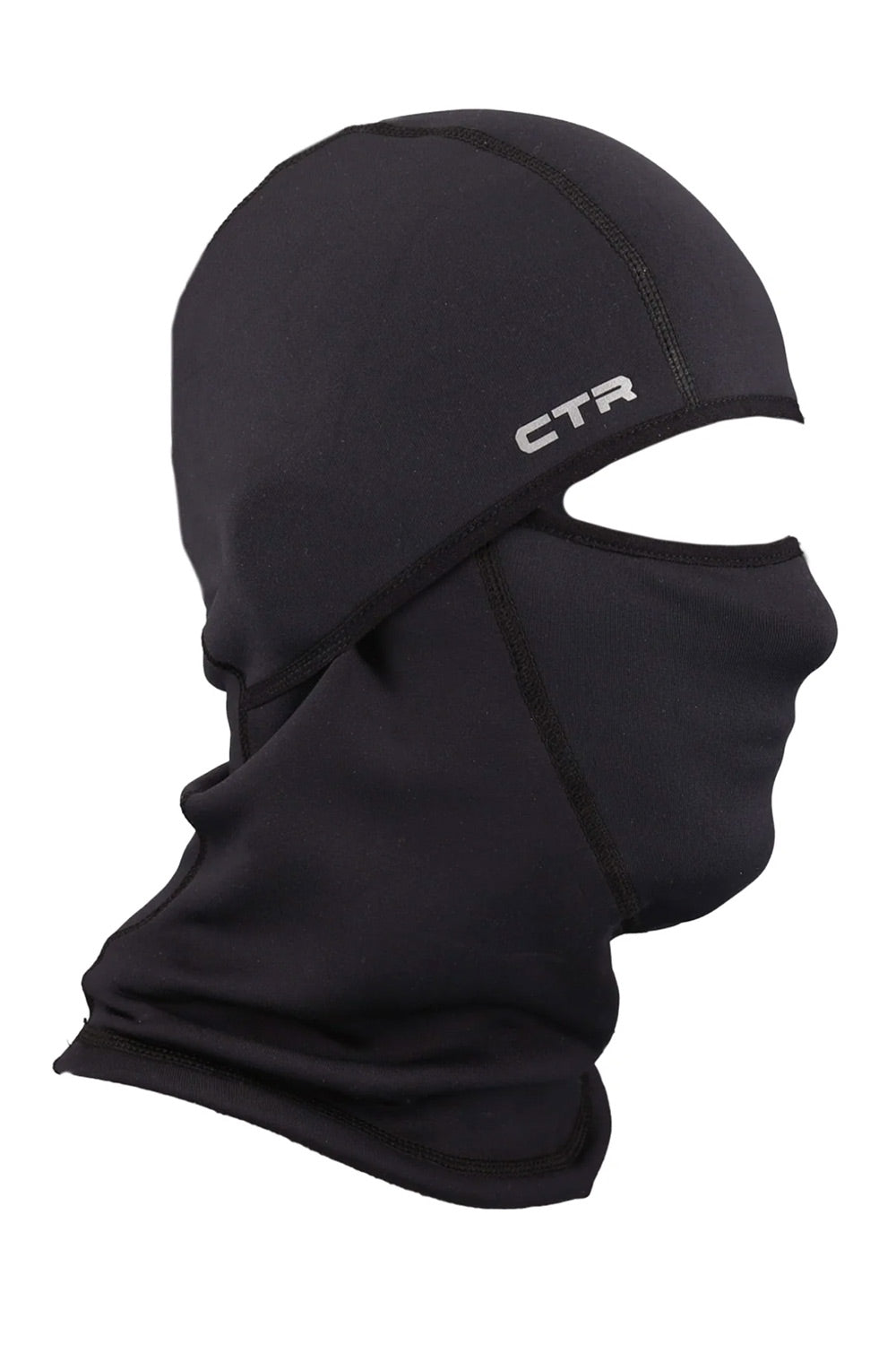 A black neoprene balaclava face mask with an integrated chin guard and ear holes, featuring a white 'CTR' logo on the side, shown against a plain white background.