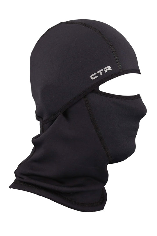 A black neoprene balaclava face mask with an integrated chin guard and ear holes, featuring a white 'CTR' logo on the side, shown against a plain white background.