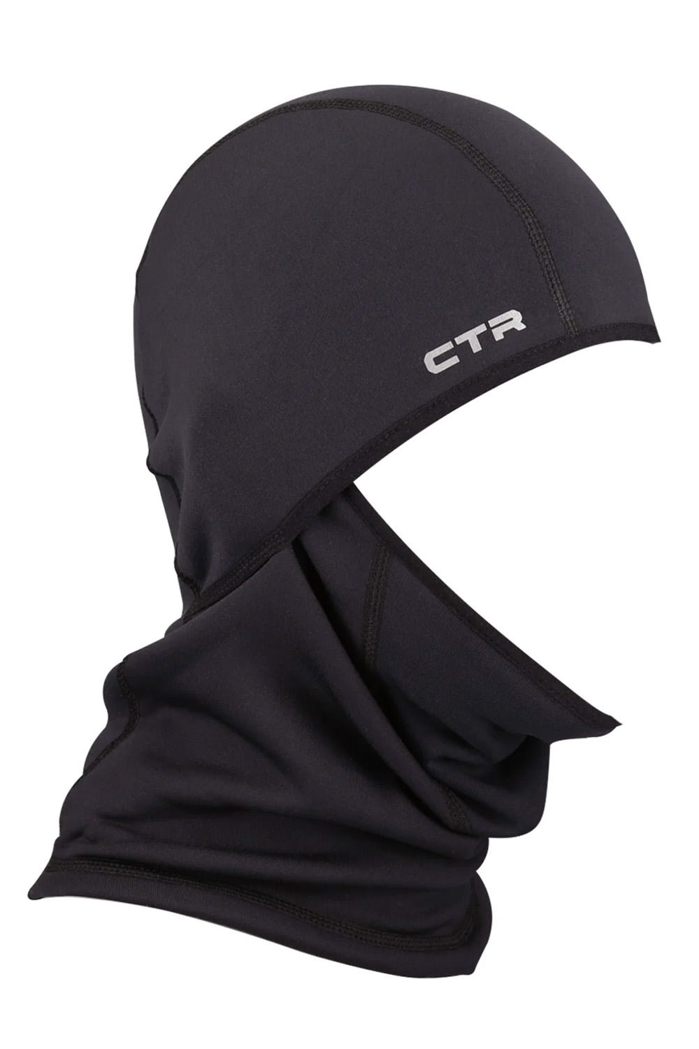 A black athletic balaclava face mask with a small white CTR logo on the side, displayed on a solid white background.