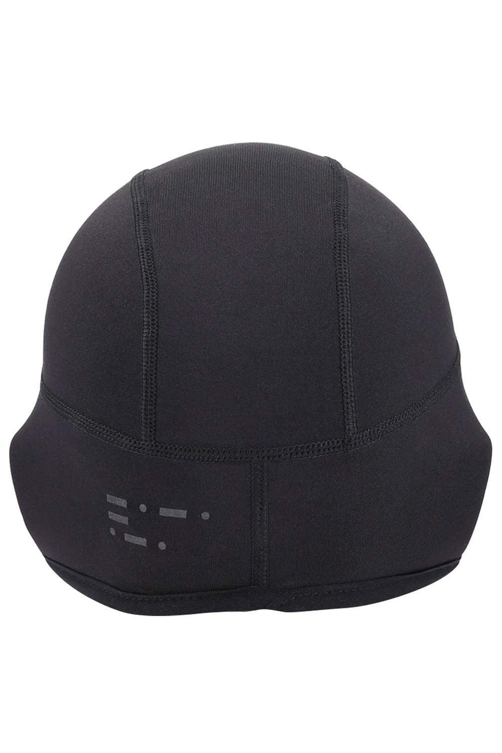 A black athletic beanie hat with a subtle reflective logo on the lower front, shown against a plain white background.
