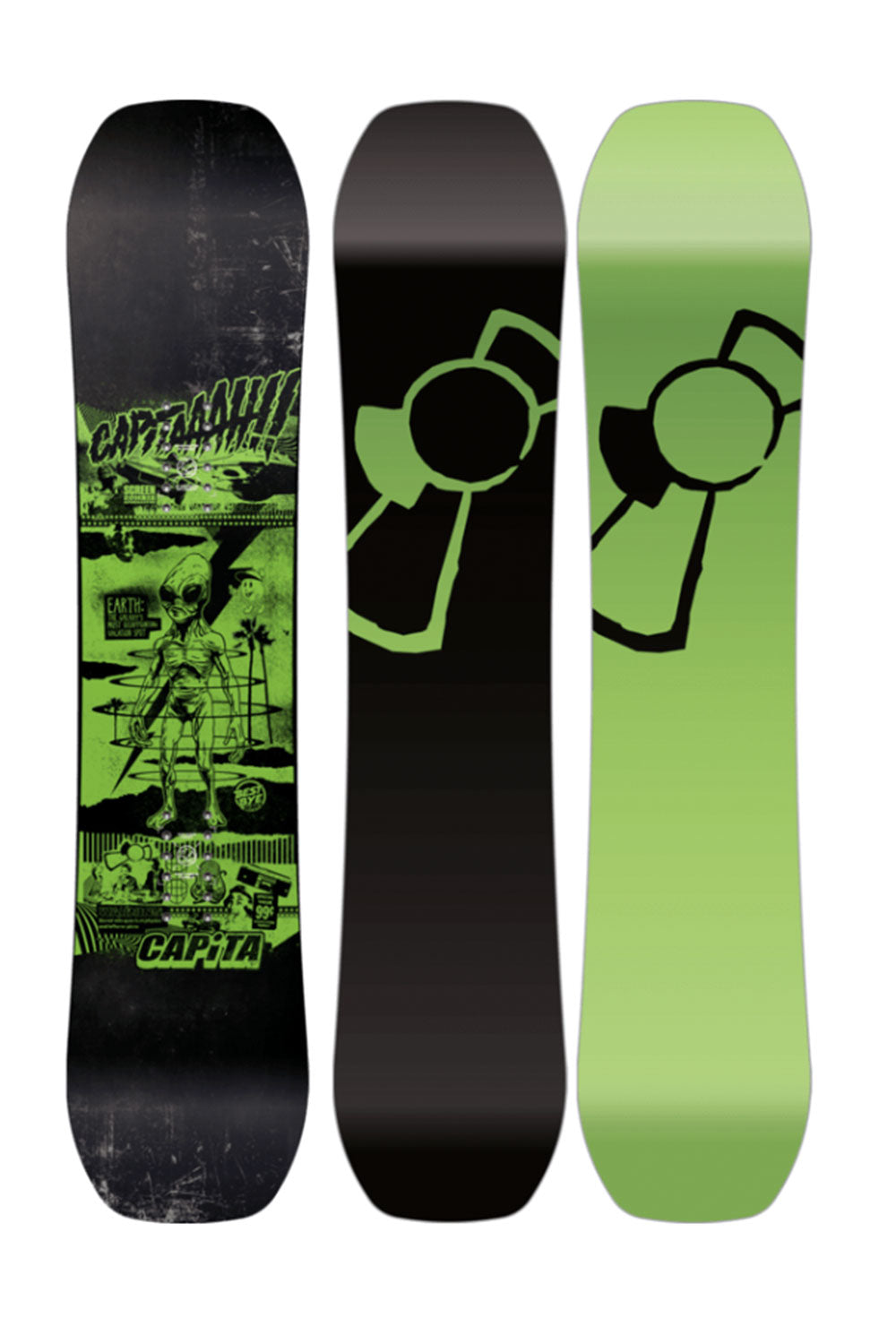 Three snowboard decks with different designs on a white background