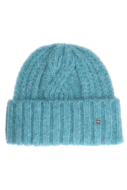 A light blue cable-knit beanie hat with a ribbed cuff and a small metallic logo on the side, shown against a plain white background.