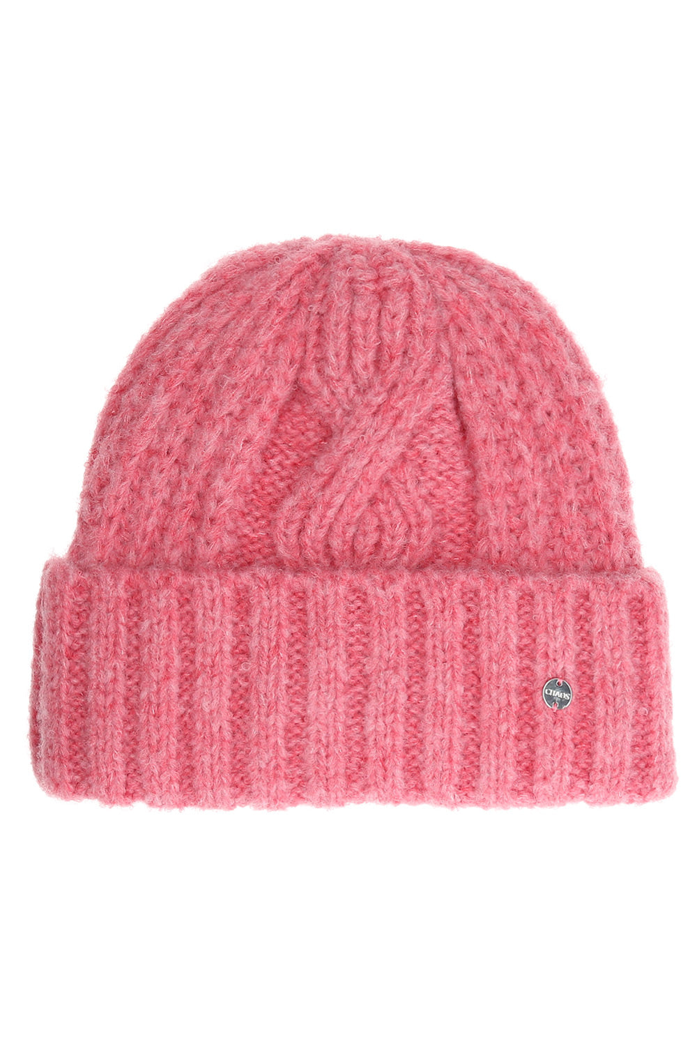 A pink cable-knit beanie hat with a ribbed cuff, featuring a small metallic logo emblem on the side, set against a plain white background.