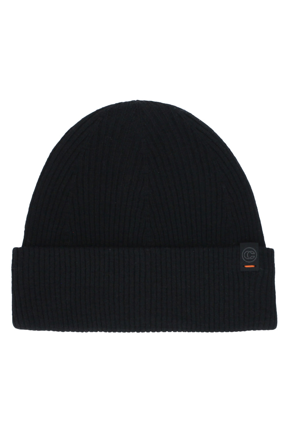 A black ribbed knit beanie hat with a folded cuff, featuring a small circular logo patch on the side.