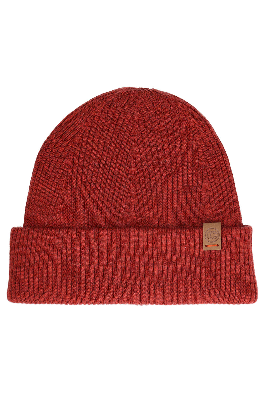A red ribbed knit beanie hat with a folded cuff and a small tan leather brand patch on the side, shown against a plain white background.