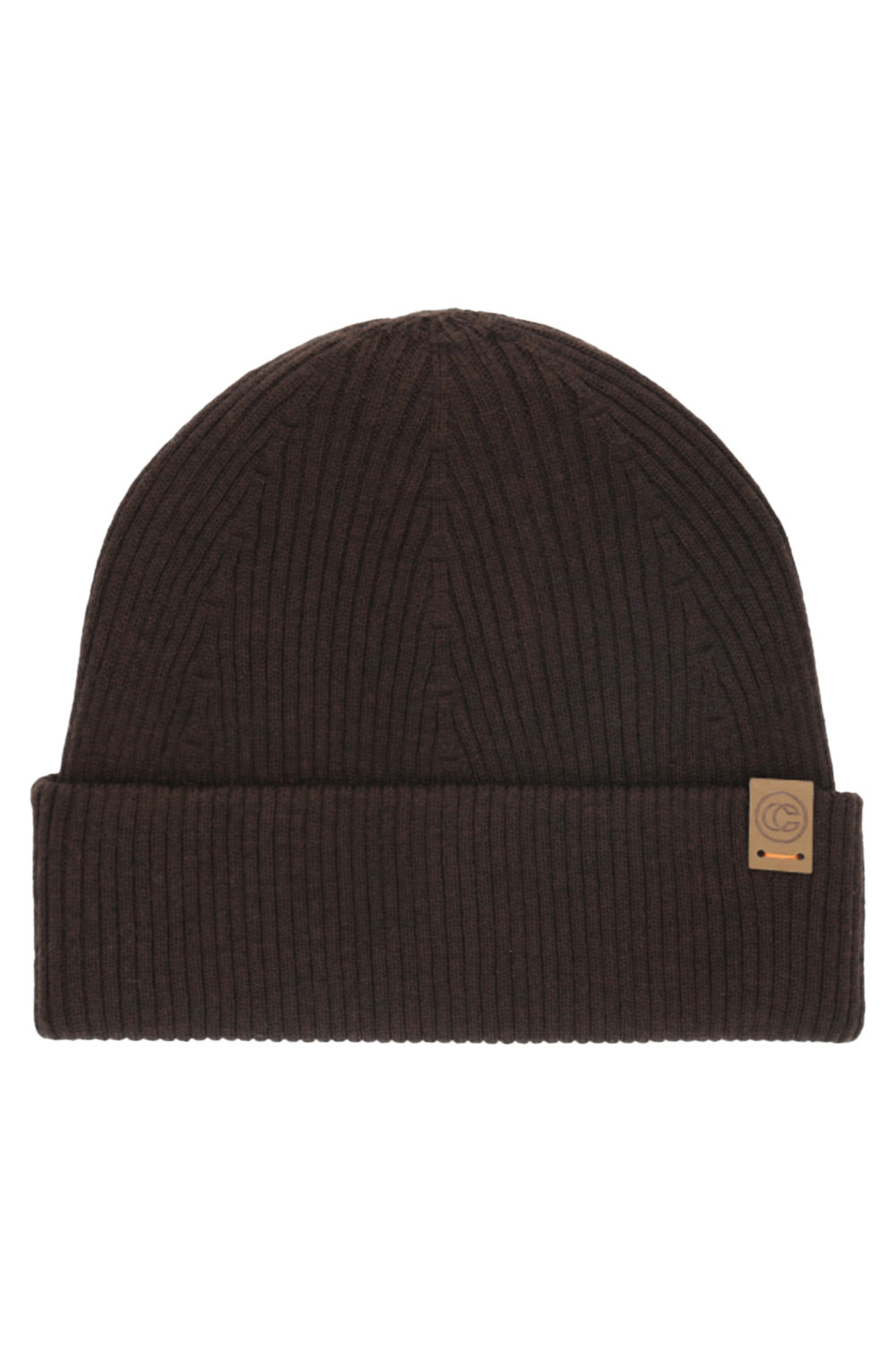 A dark brown ribbed knit beanie hat with a folded cuff and a small tan leather patch on the side, shown against a plain white background.