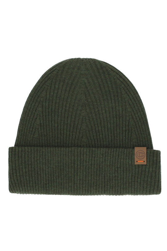 An olive green ribbed knit beanie hat with a small brown leather brand patch on the folded cuff, shown against a plain white background.