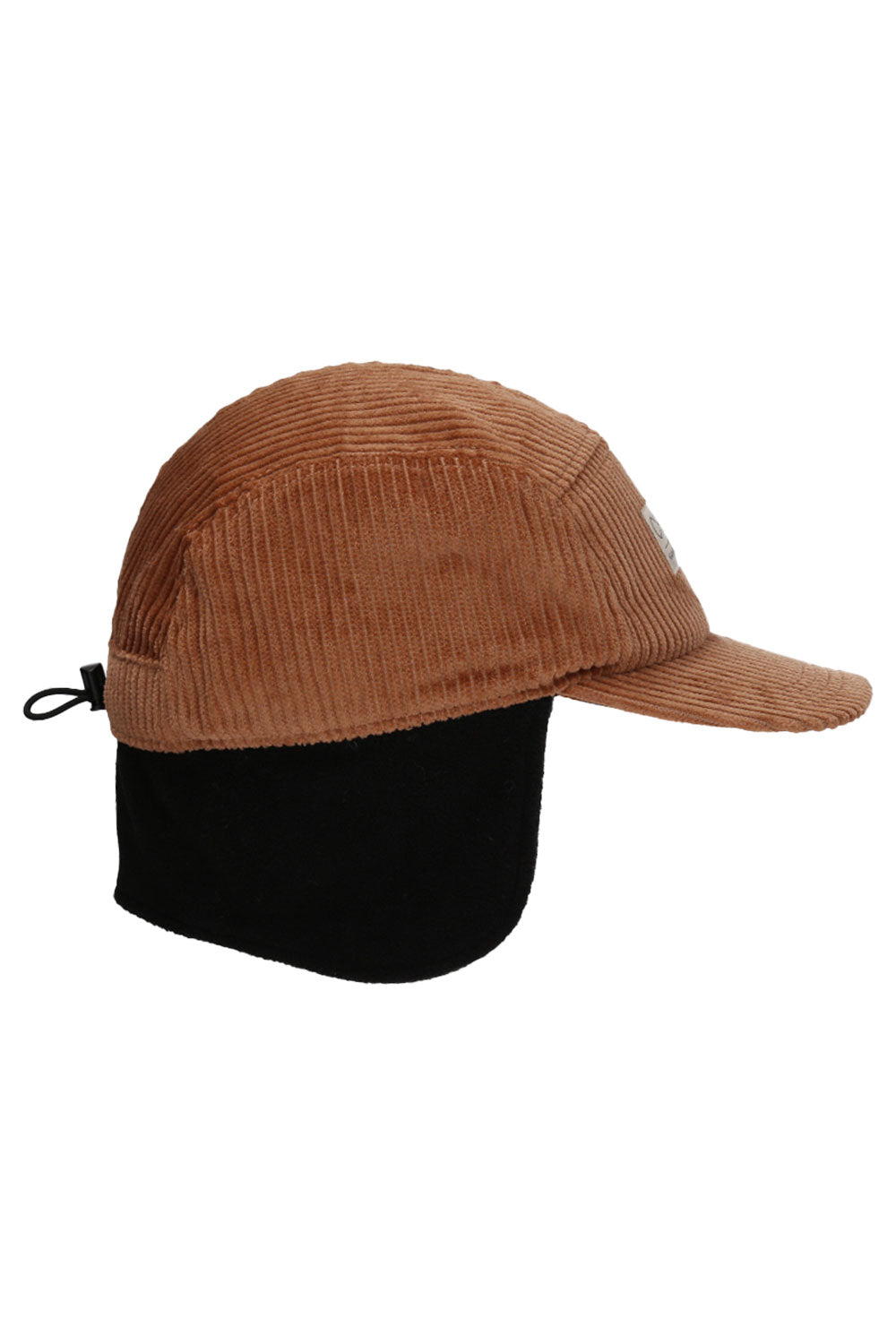 A brown corduroy 5-panel cap with a black fleece undercap, shown from a side profile on a white background.