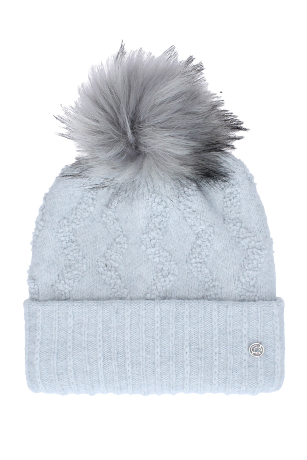 A light blue cable-knit beanie with a ribbed cuff and a fluffy gray pom-pom on top, shown against a plain white background.