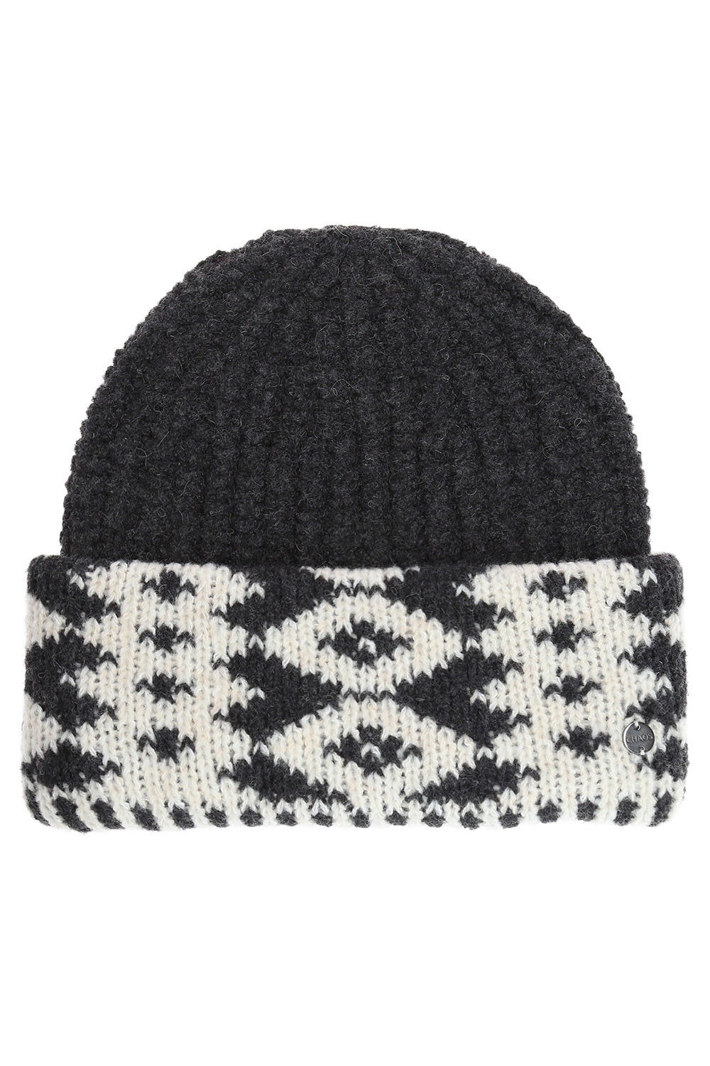 A black and white knit beanie hat with a solid black top section and a white patterned cuff featuring black geometric and arrow motifs.