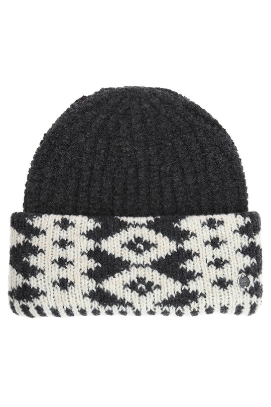A black and white knit beanie hat with a solid black top section and a white patterned cuff featuring black geometric and arrow motifs.