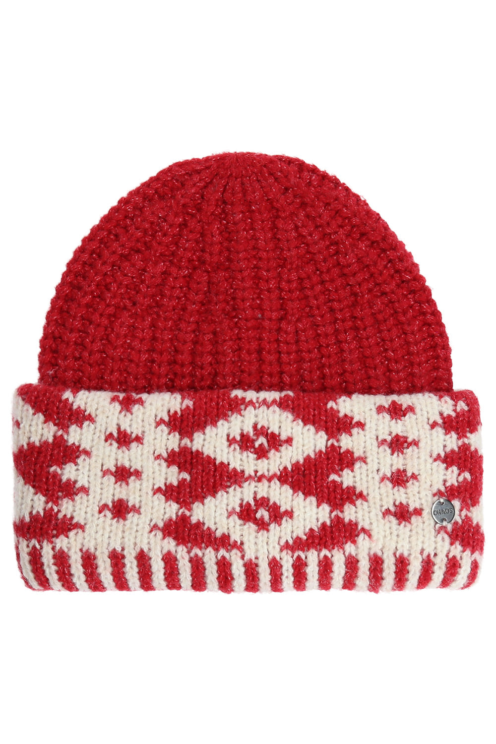 A red and cream knit beanie hat with a solid red top section and a patterned folded cuff featuring a red and cream Fair Isle design.