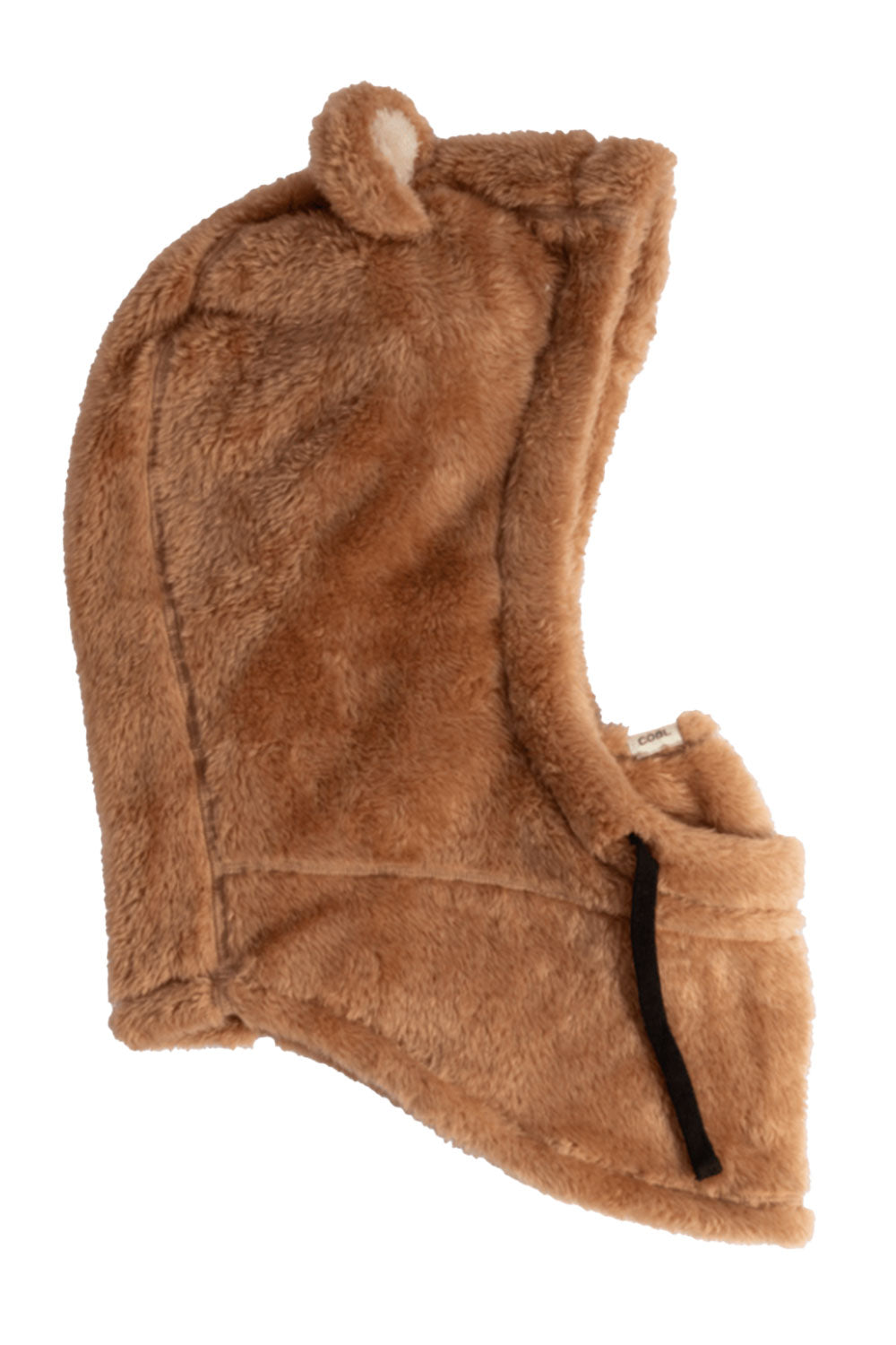 Brown fuzzy hood with ear accents on a white background