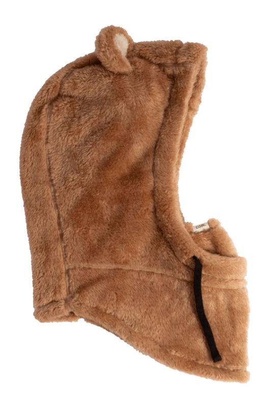 Brown fuzzy hood with ear accents on a white background