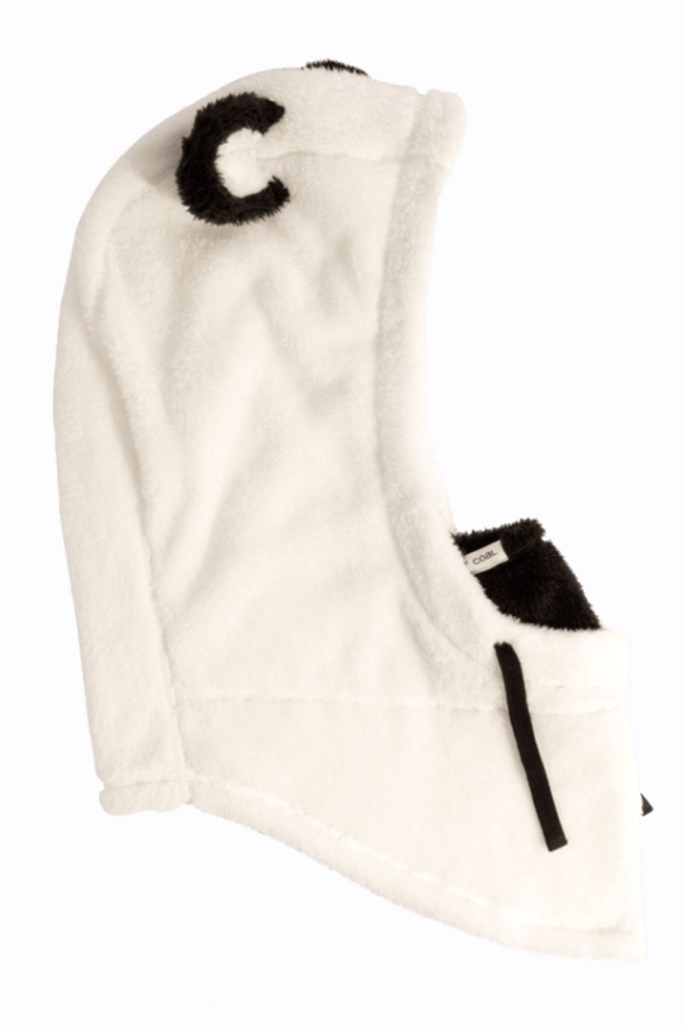 White and black Panda hood with black accents on a white background