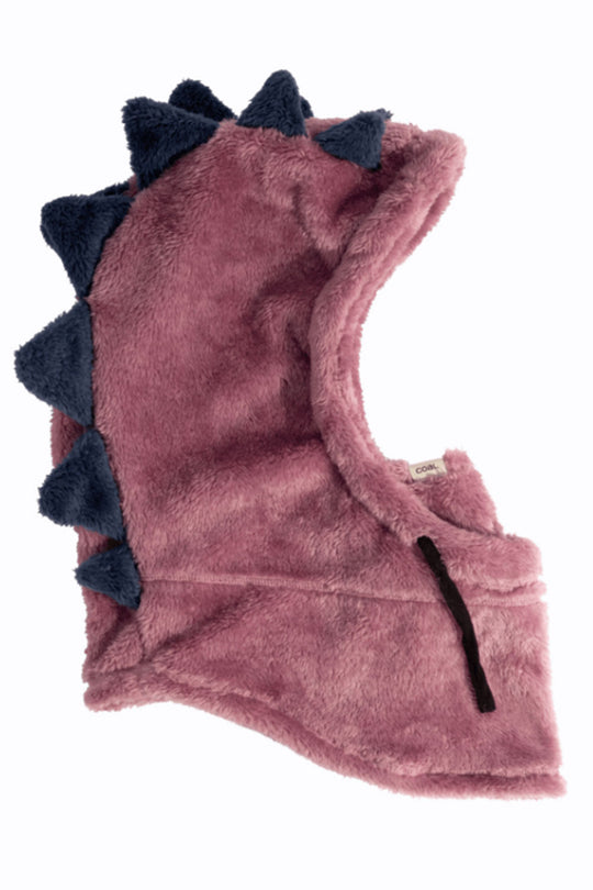 Pink plush dinosaur hood with black spikes on a white background