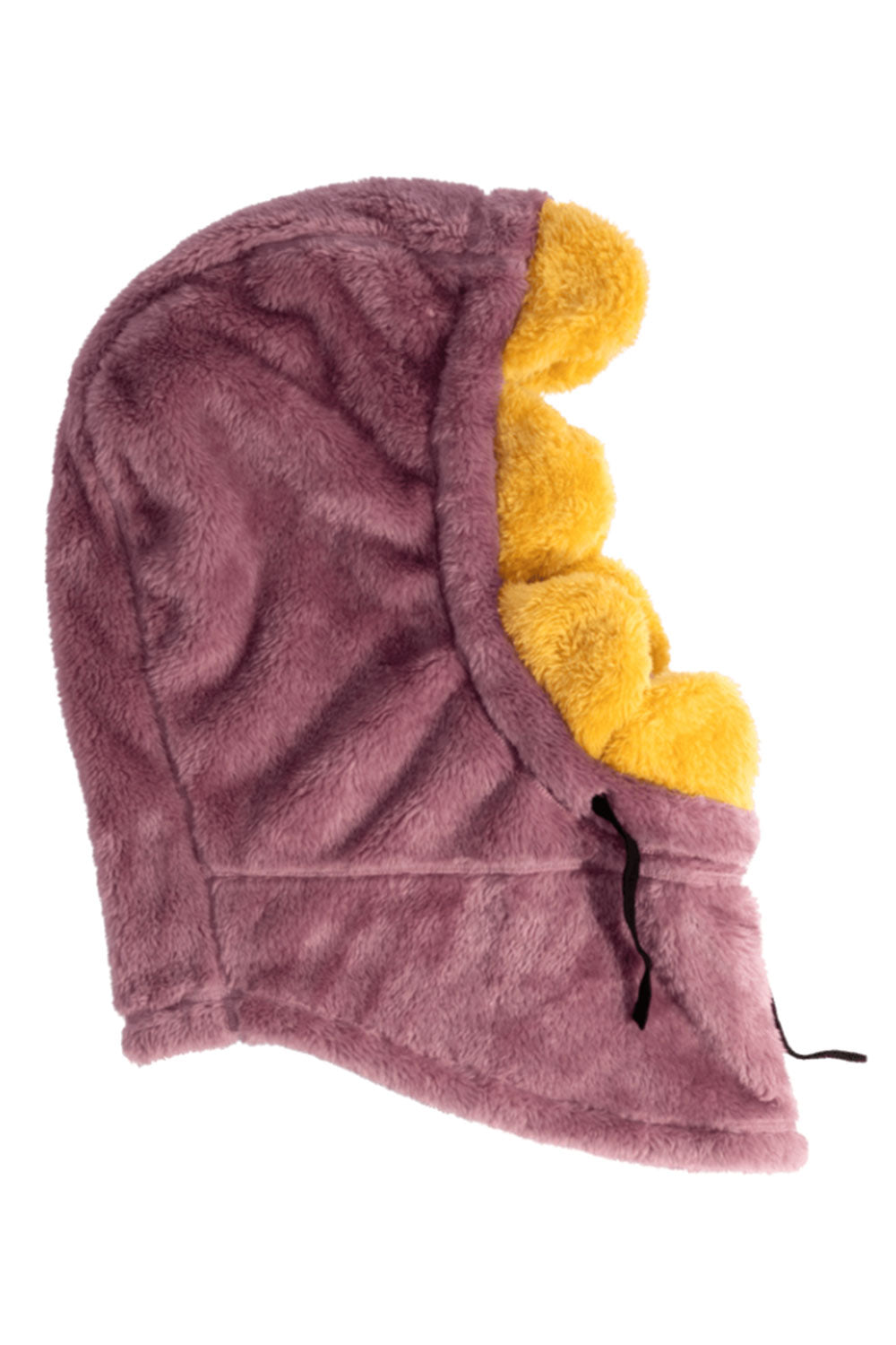 Purple fleece hood with yellow pom-poms on a white background