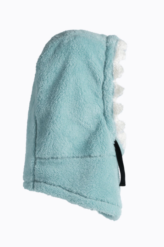 Light blue hood towel with white tassels on a white background