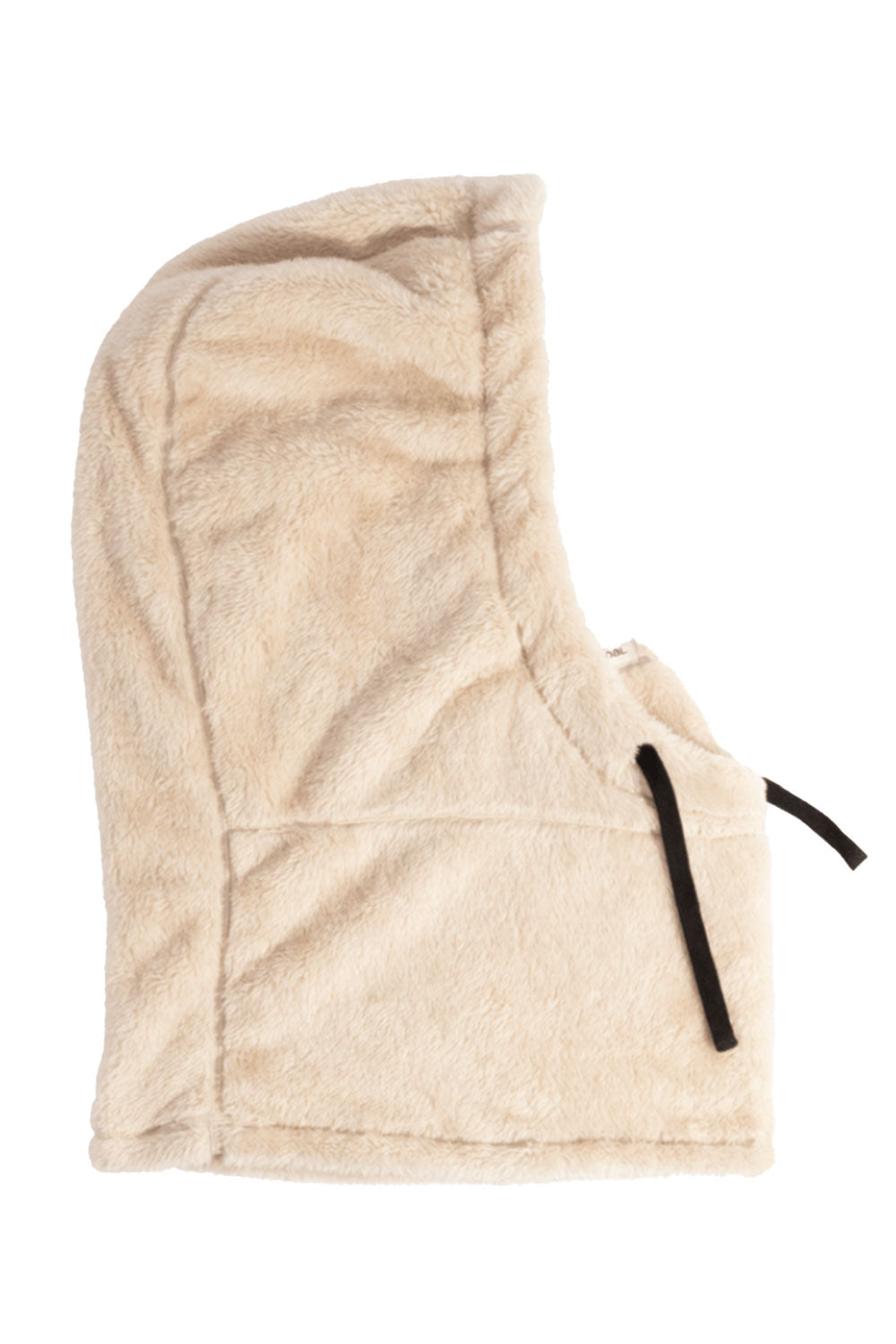 Beige hood with black drawstrings on a white background