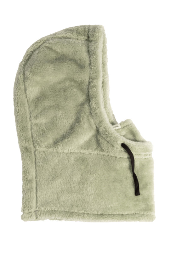 Green fleece hood on a white background