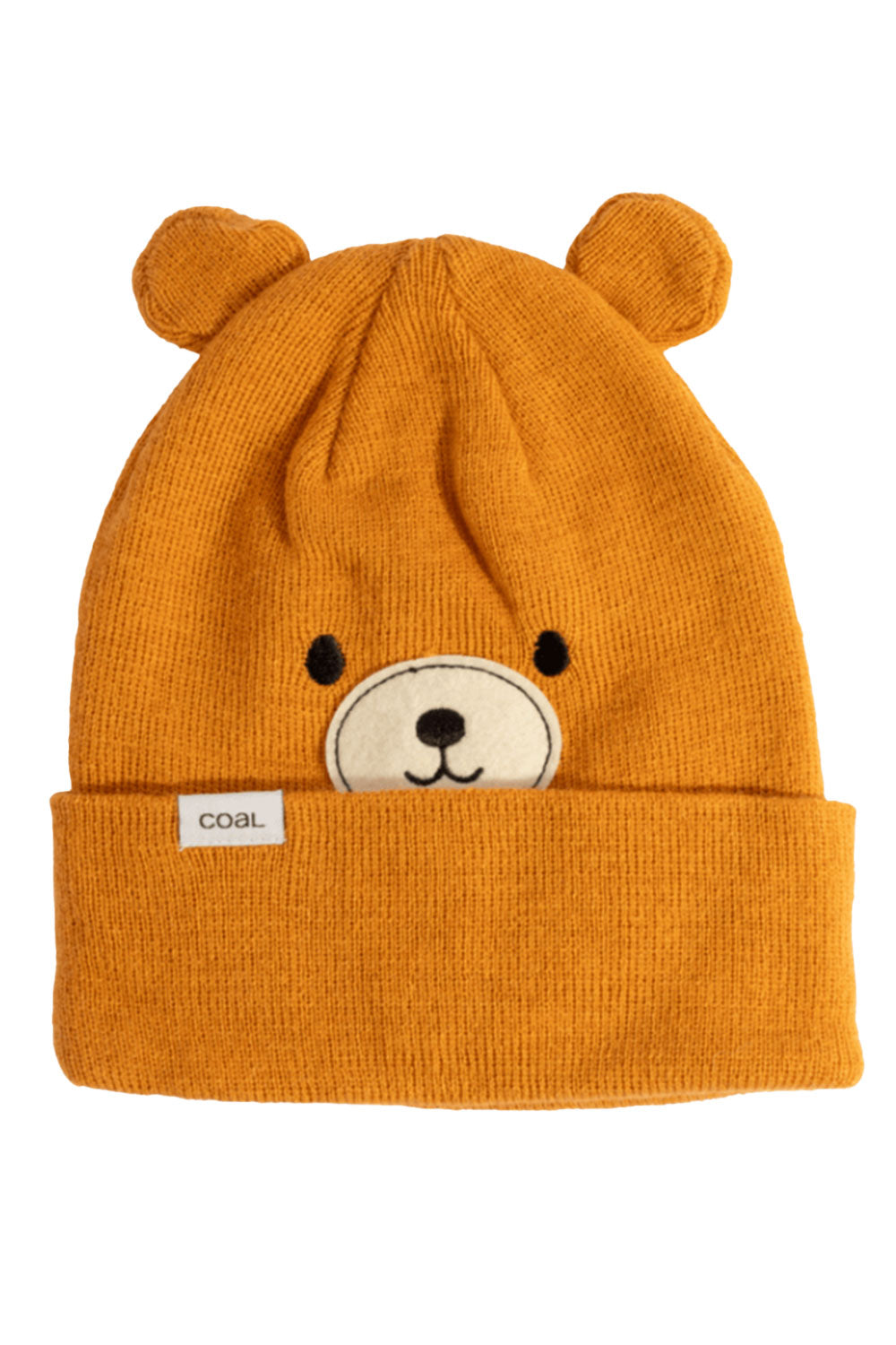 Orange bear-themed beanie with a visible brand label on a white background