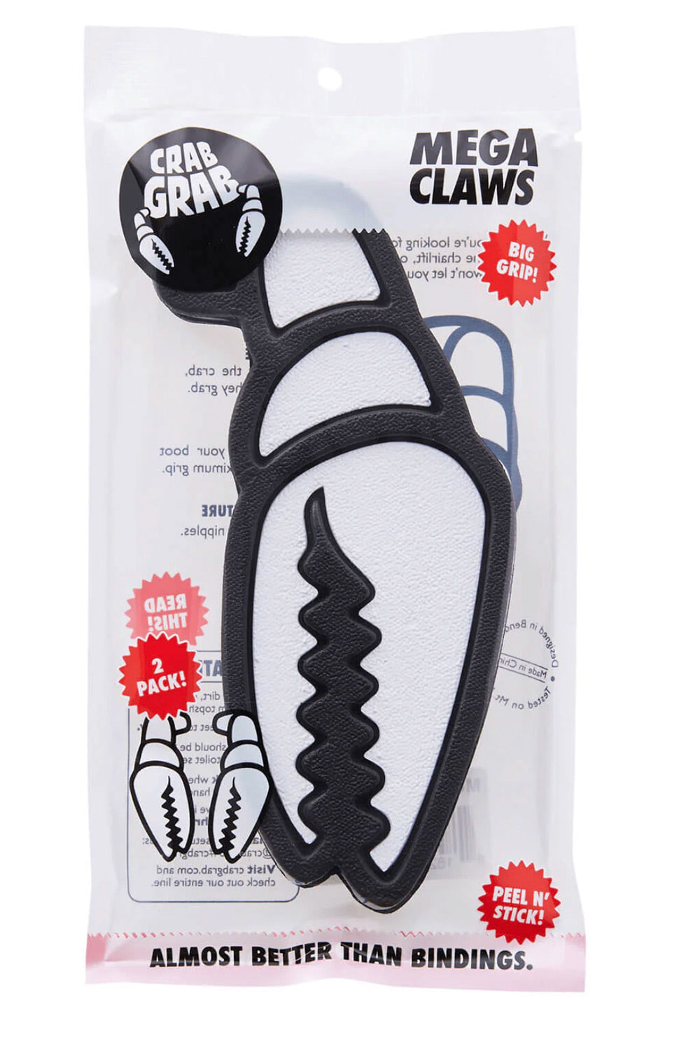 A packaged pair of black and white plastic claw tools labeled 'MEGA CLAWS' on a white background. The package includes printed graphics, a black 'CRAB GRAB' sticker, and promotional red callouts.