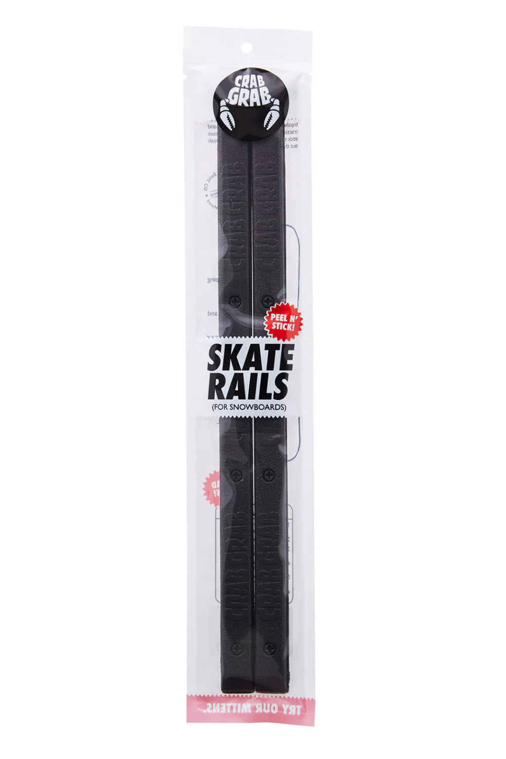 A packaged black snowboard rail set with a circular black end cap that reads 'Cool Grabs' and large 'Skate Rails' branding on the clear retail sleeve