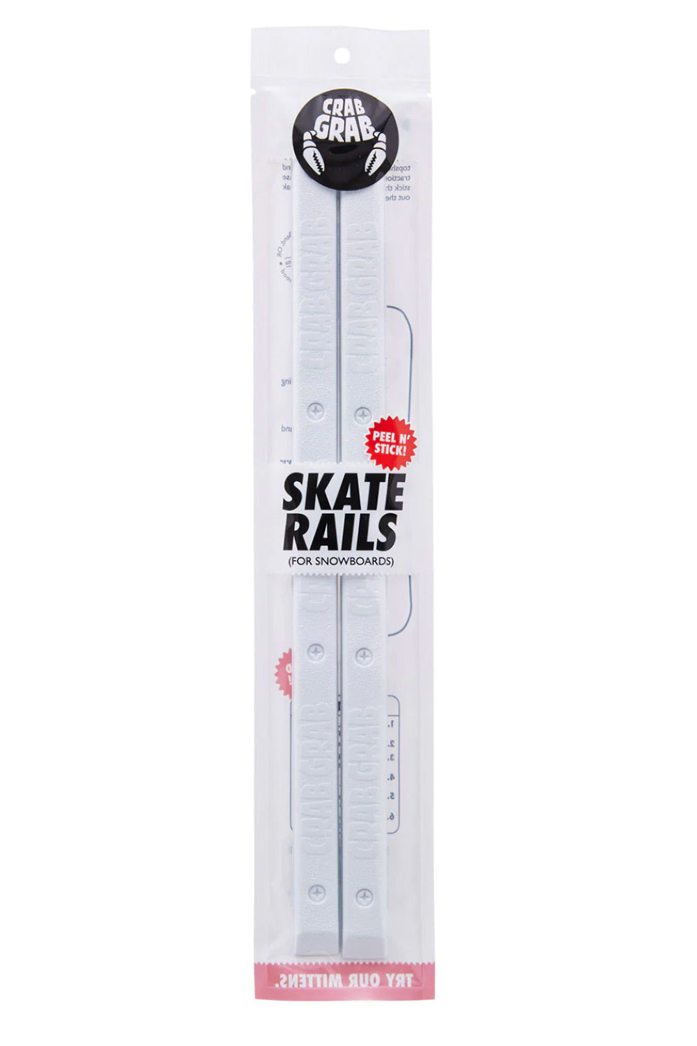 A packaged set of white snowboard rails with printed branding and product text, shown in a clear plastic sleeve on a white background.