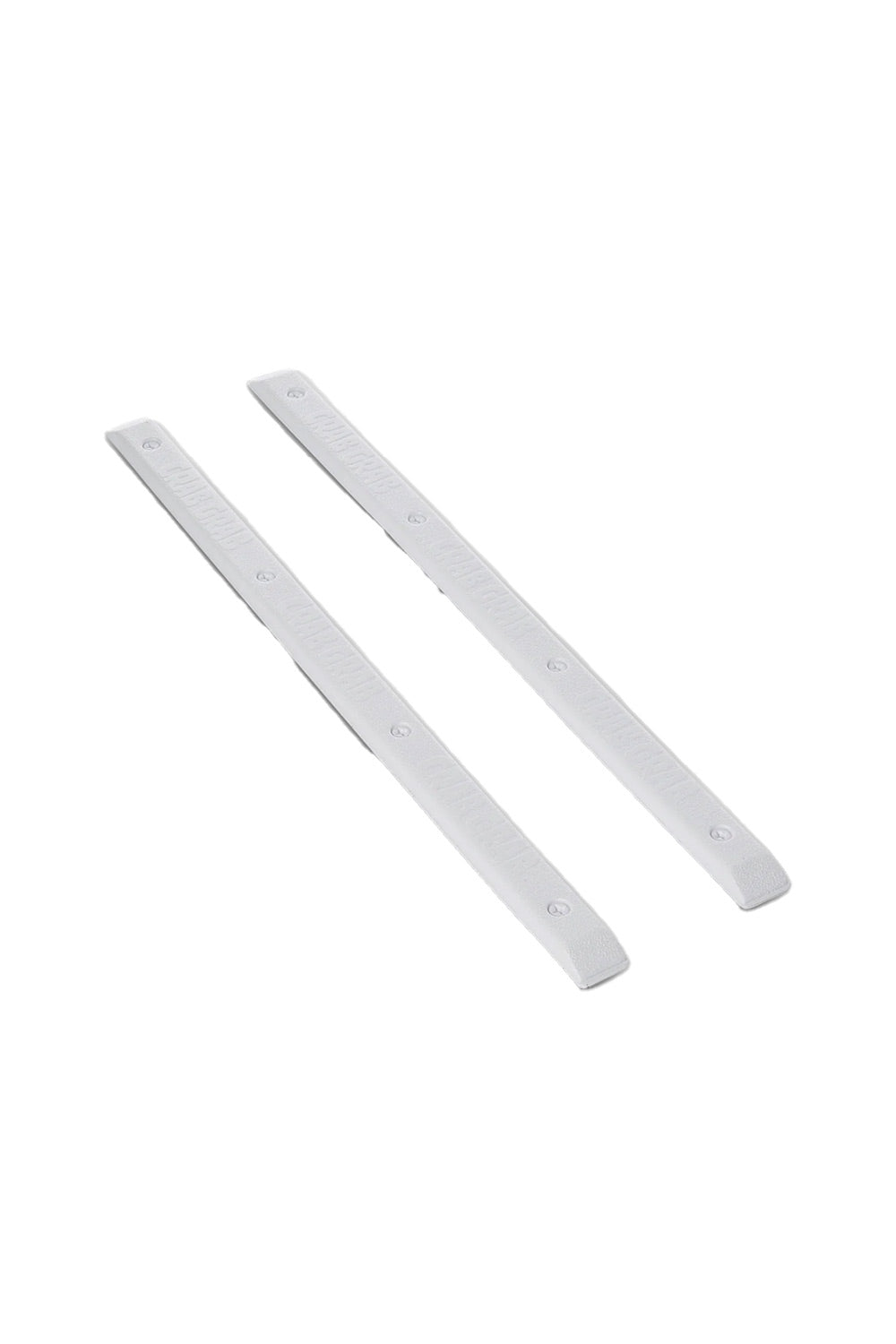 Two white rectangular strap-like accessories with small circular cutouts, shown on a plain white background.