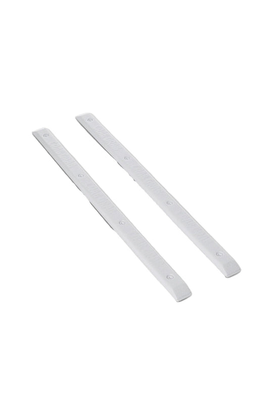 Two white rectangular strap-like accessories with small circular cutouts, shown on a plain white background.