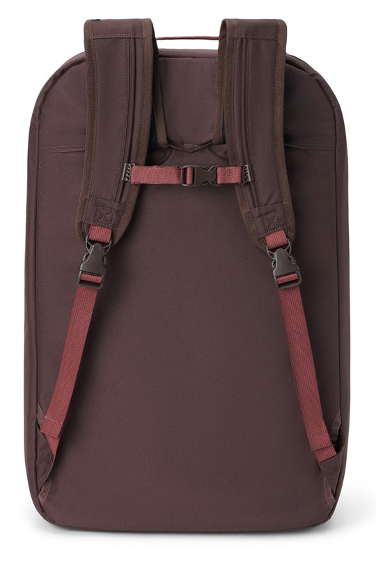 The back view of a dark brown backpack with muted red straps and black plastic buckles, shown on a clean white background.