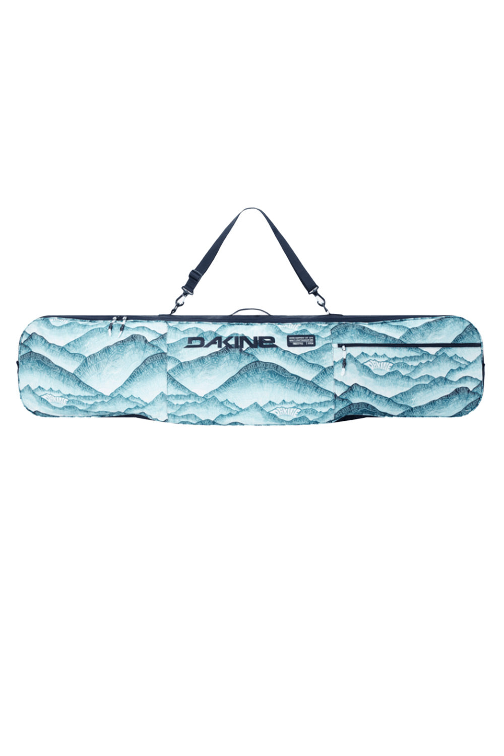 A Dakine snowboard bag featuring a blue and white mountain landscape print, with a black shoulder strap and the Dakine logo on the front.