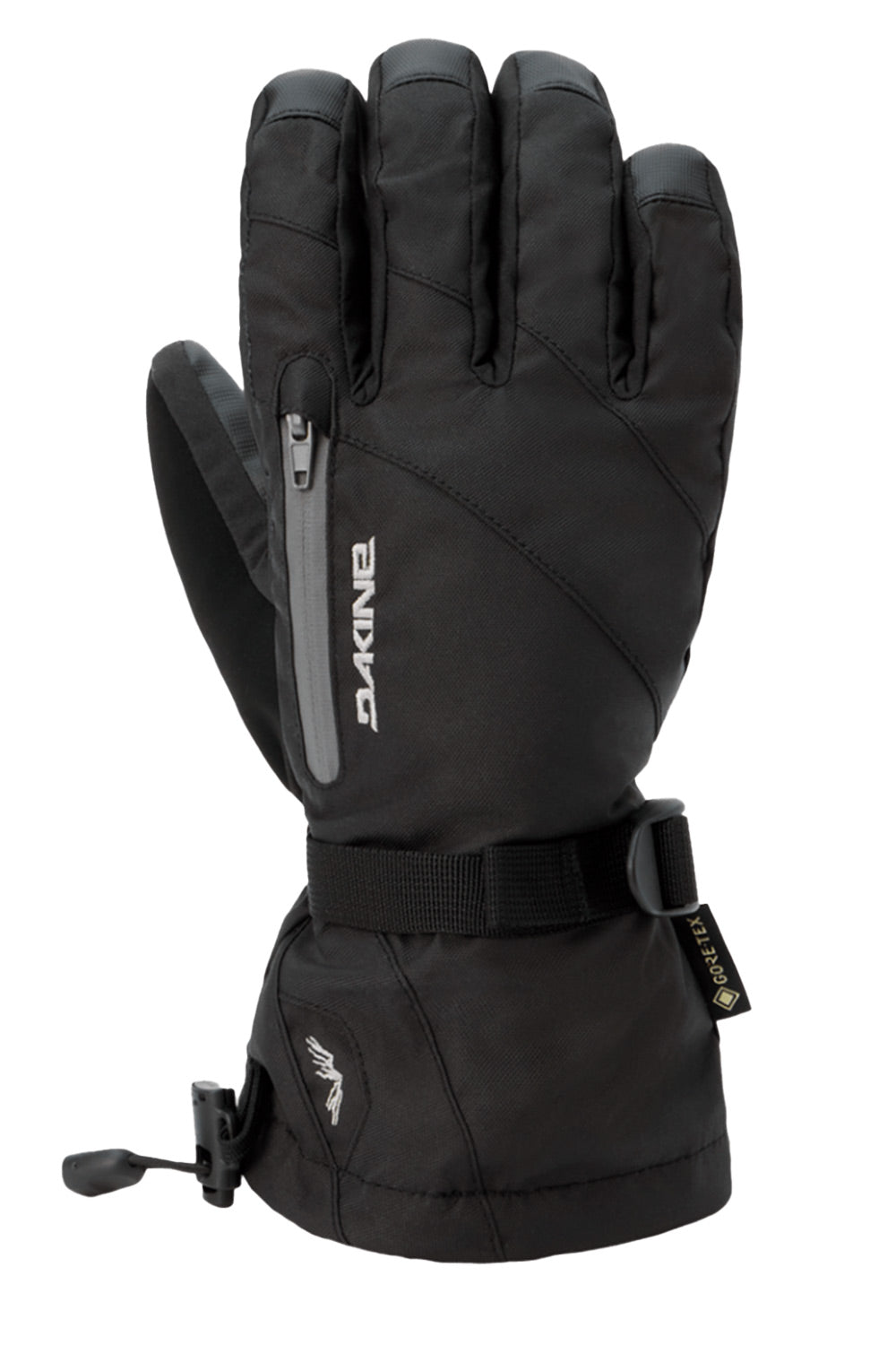 A single black Dakine ski glove with a wrist strap and thumb release toggle, shown against a plain white background.