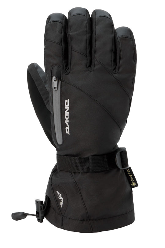 A single black Dakine ski glove with a wrist strap and thumb release toggle, shown against a plain white background.