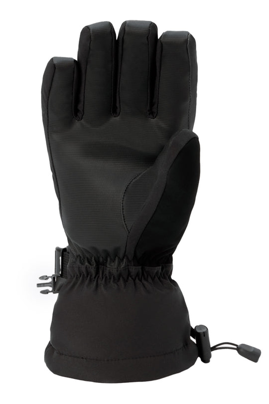 A single black winter glove with a gathered elastic cuff and a small black drawcord toggle, shown against a plain white background.