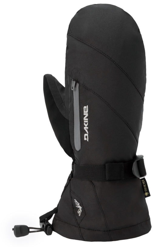 A single black Dakine winter mitten with a thumb zipper, adjustable wrist strap, and drawcord closure, shown against a plain white background.