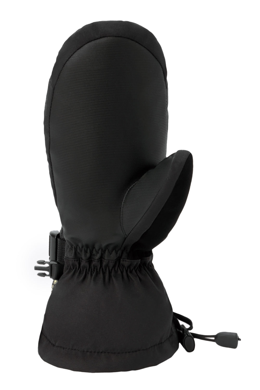 A single black insulated mitten with an integrated thumb, elasticated wrist opening, and a small black drawcord toggle, shown on a plain white background.