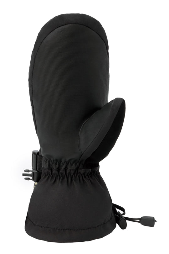 A single black insulated mitten with an integrated thumb, elasticated wrist opening, and a small black drawcord toggle, shown on a plain white background.