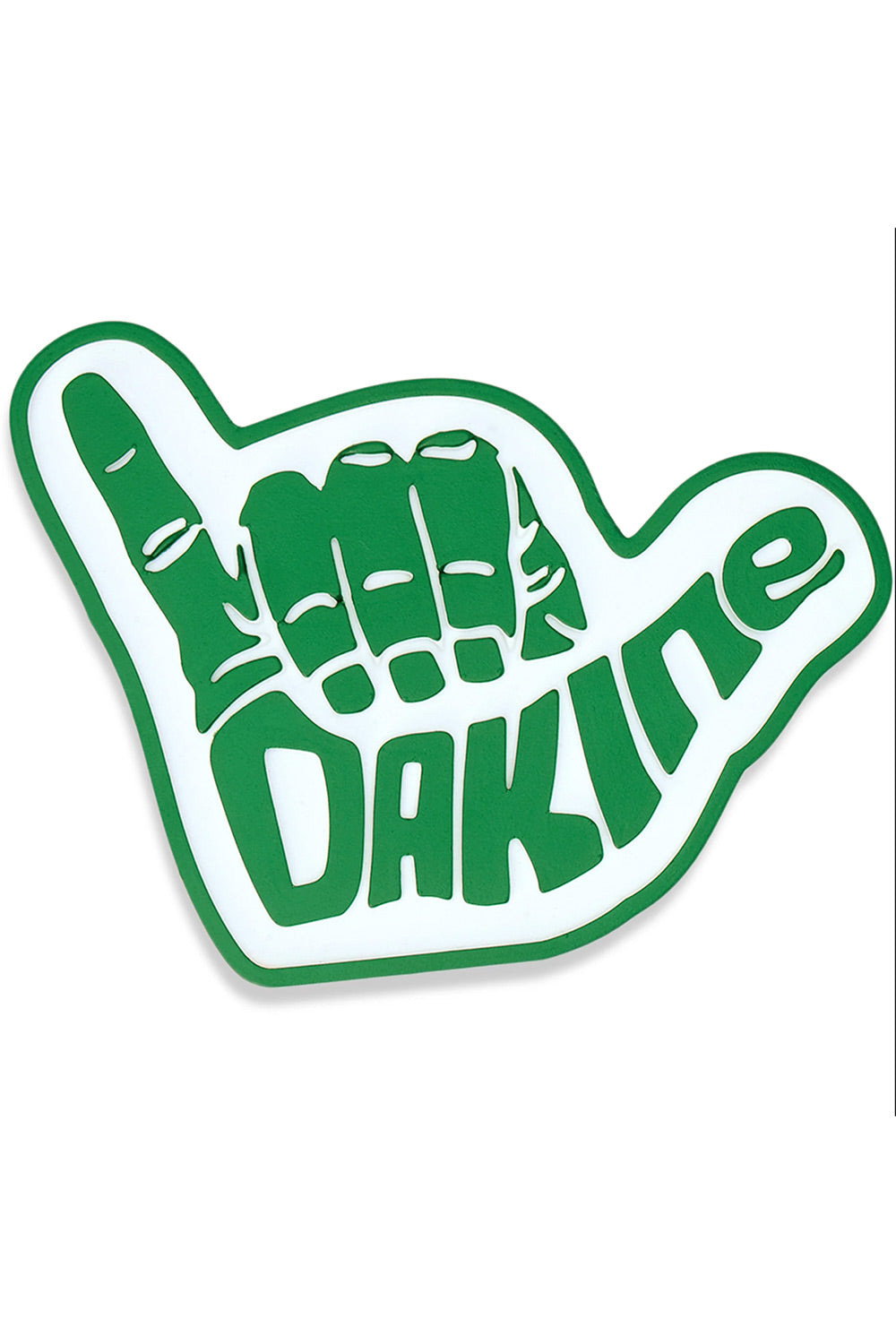 A green and white die-cut sticker shaped like a hand gesture with the word 'Dakin' written across it, shown on a plain white background.
