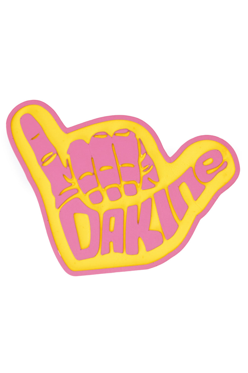A die-cut sticker or patch shaped like a pink shaka sign with a yellow interior and the word 'Dakine' written across it, shown on a plain white background.