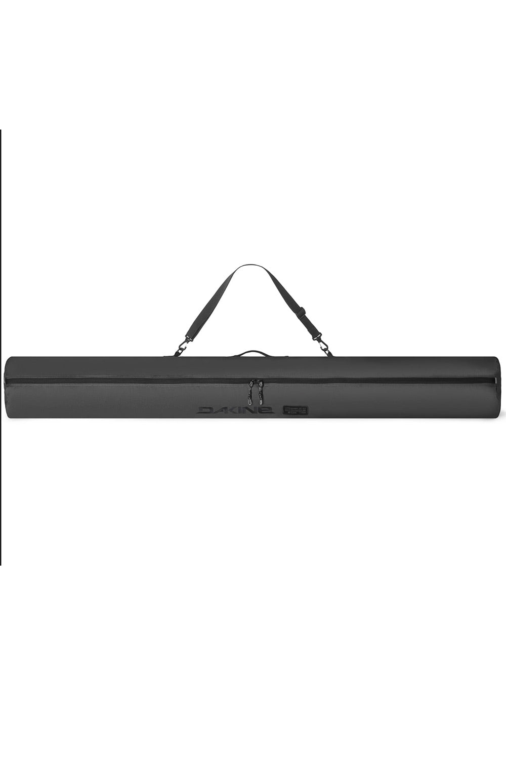 A long, slim gray ski sleeve bag with a shoulder strap, shown horizontally against a plain white background. A small black logo is printed near the center.