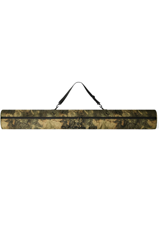 A camouflage-patterned ski sleeve bag with a black shoulder strap, shown horizontally against a plain white background.