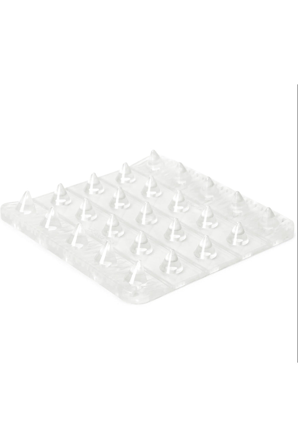 A clear plastic board with multiple small raised pegs or hooks, shown on a plain white background.