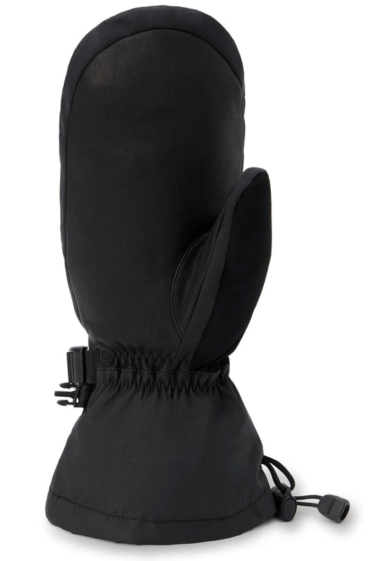 A single black insulated winter mitten with a drawstring closure and elastic cuff, shown on a plain white background.