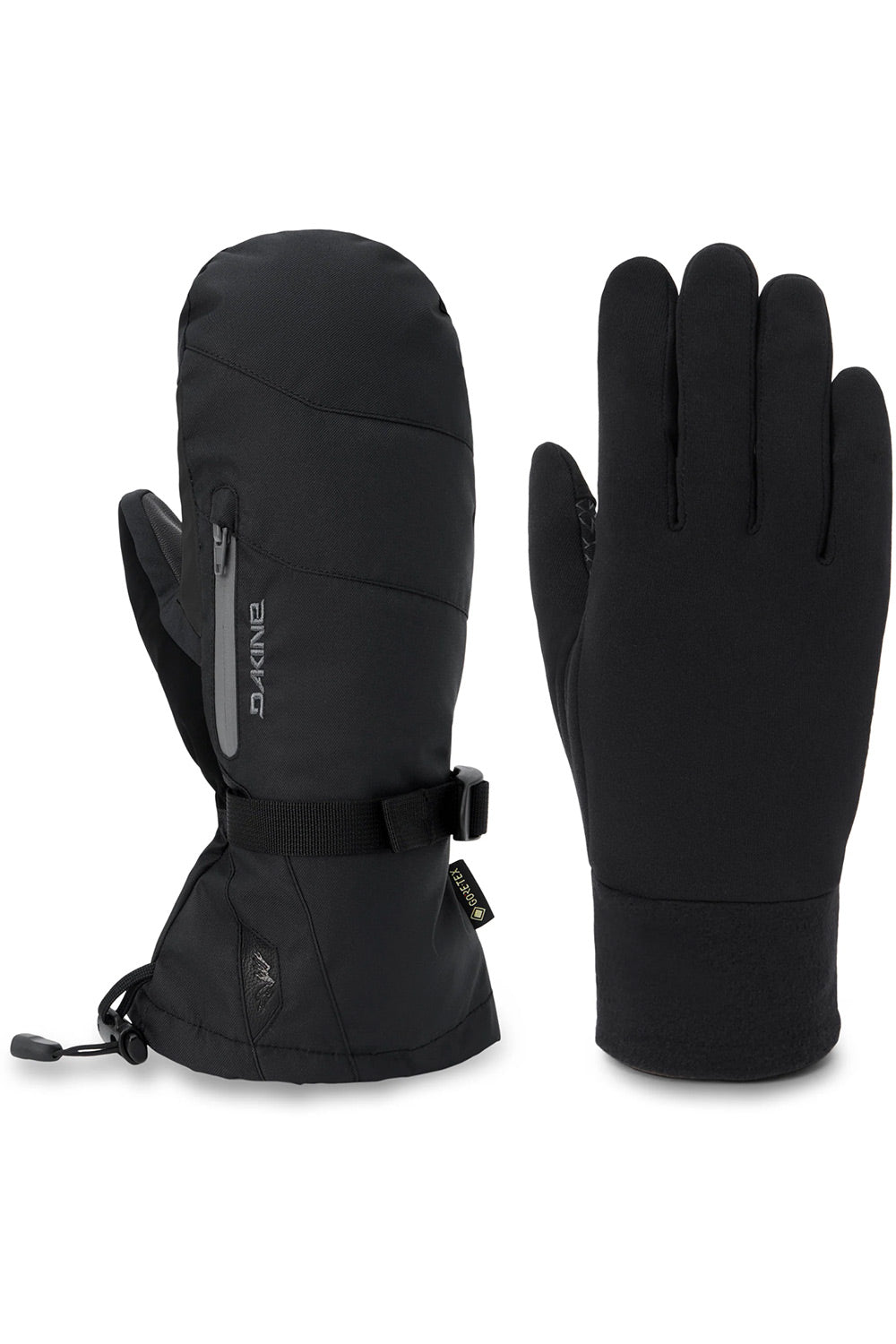 A pair of black Dakine winter gloves, one showing the back of the hand and the other showing the palm side with a wrist strap, on a plain white background.