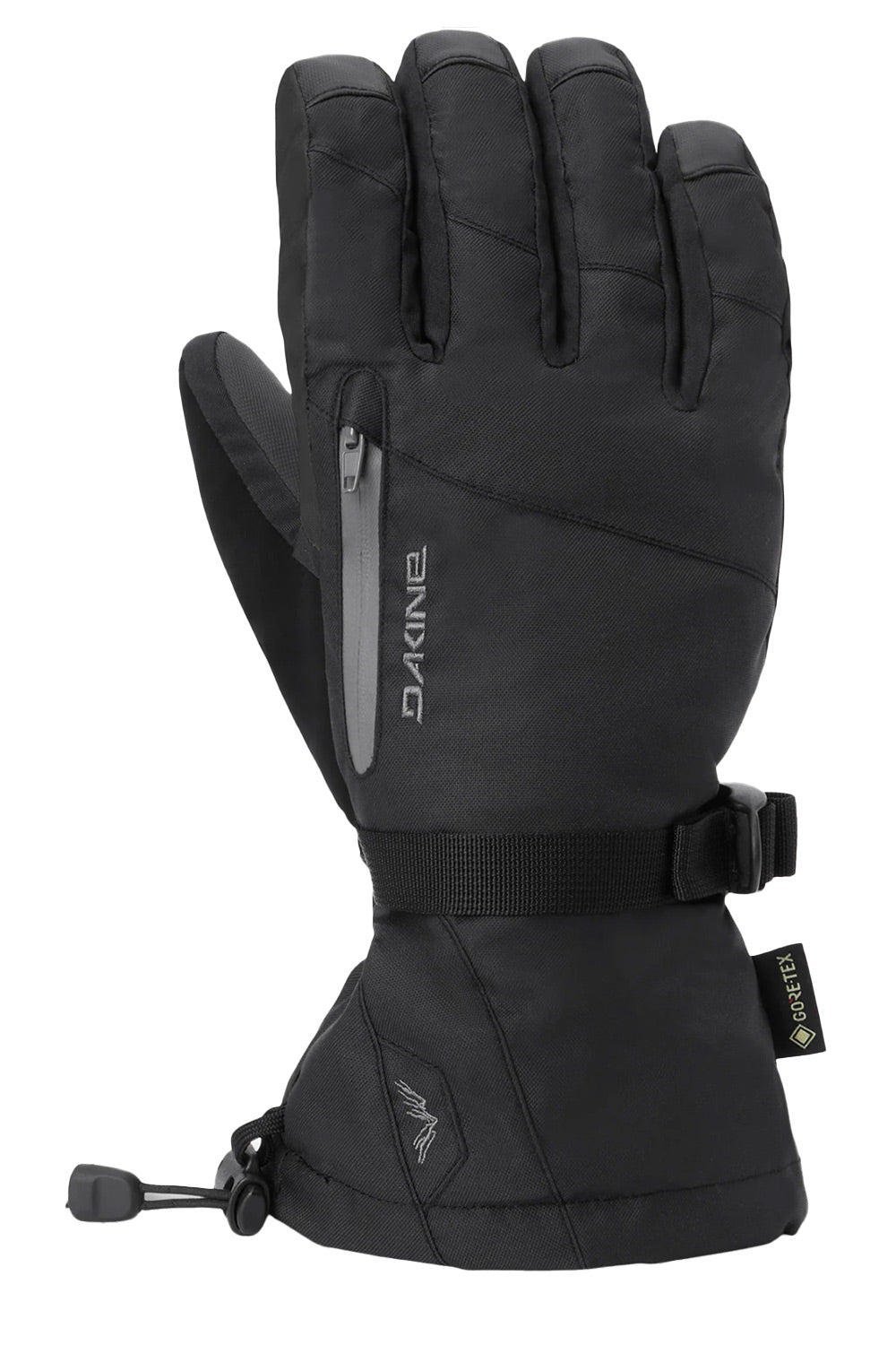 A single black Dakine winter glove with a thumb zipper, adjustable wrist strap, and a small GORE-TEX label, shown against a plain white background.