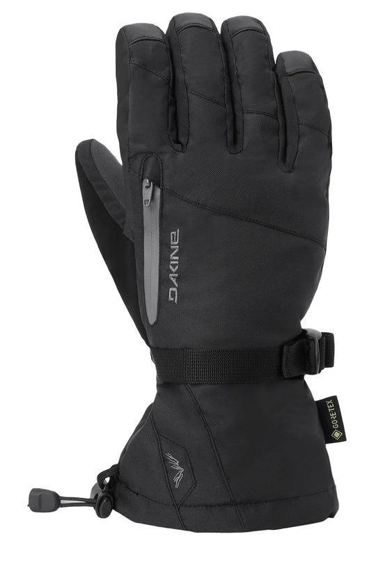 A single black Dakine winter glove with a thumb zipper, adjustable wrist strap, and a small GORE-TEX label, shown against a plain white background.