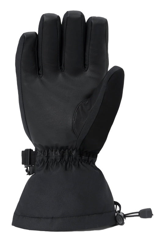 A single black winter glove with a drawstring closure and elastic cuff, shown against a plain white background.